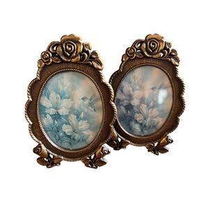 Vintage gold tone mini metal oval frames baroque victorian style set-2 easel leg